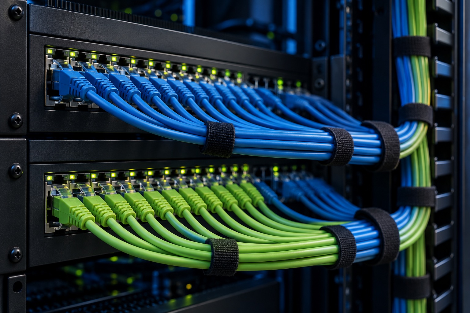 Détail de cordons Ethernet alignés et regroupés par attaches — illustration générée