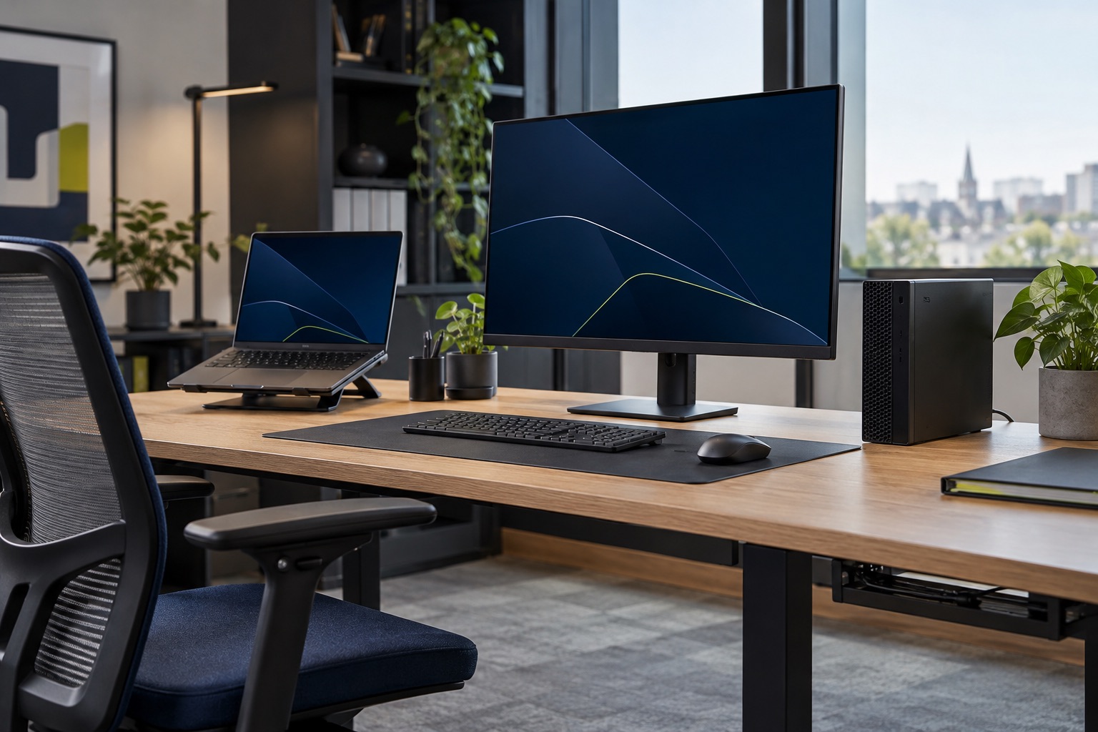 Poste professionnel avec écran, ordinateur et accessoires sur un bureau — illustration générée